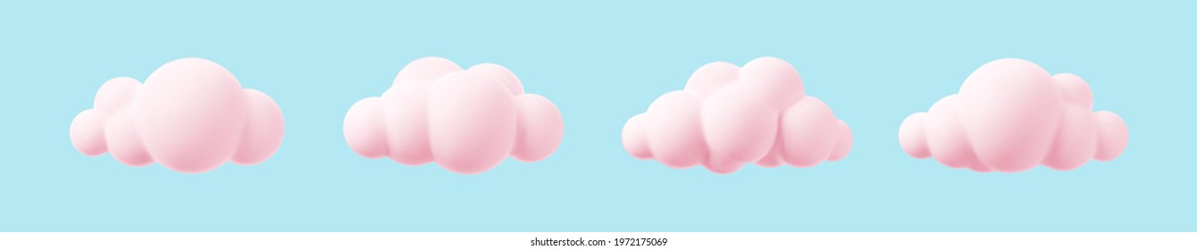 Pink 3d Clouds Set Isolated On A Blue Background. Render Magic Sunset Clouds Icon In The Blue Sky. 3d Geometric Shapes Vector Illustration