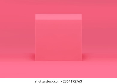 Pink 3d cube podium squared pedestal mock up for cosmetic product show presentation vector illustration. Realistic geometric stand wall background elegant feminine advertising promo space beauty sale