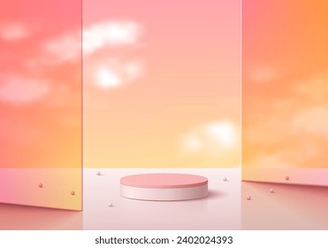 Pink 3D cylinder podium pedestal background with pink glass partitions and cloud and vanilla sky scene. Minimal mockup product display presentation, Stage showcase. Platforms vector geometric design.