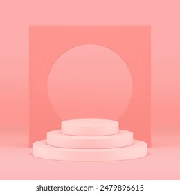 Pink 3d cylinder podium pedestal with frame hole wall background realistic vector illustration. Geometric feminine display shopping sale showcase mock up for cosmetic product show presentation