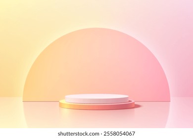 Pink 3D cylindrical podium background with semi circle backdrop. Studio wall scene. Minimalist mockup pedestal. Abstract stand product display presentation, Stage for showcase. Vector platform design.