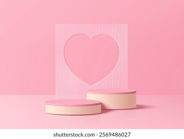 Pink 3D cylindrical podium background with valentine heart frame backdrop. Studio wall scene. Minimalist Vector mockup pedestal design. Abstract stand product display presentation, Stage for showcase.