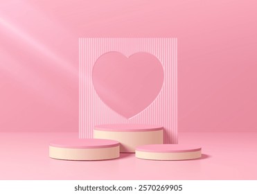 Pink 3D cylindrical podium background with valentine heart frame backdrop. Studio wall scene. Minimalist Vector mockup pedestal design. Abstract stand product display presentation, Stage for showcase.