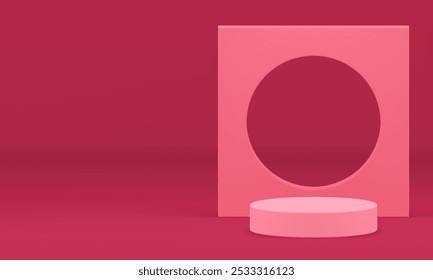 pódio de cilindro de exibição 3d rosa com fundo de parede geométrica para apresentação de ilustração vetorial realista. Minimalista elegante feminino vitrine pedestal com buraco redondo quadrado produto venda mostrar