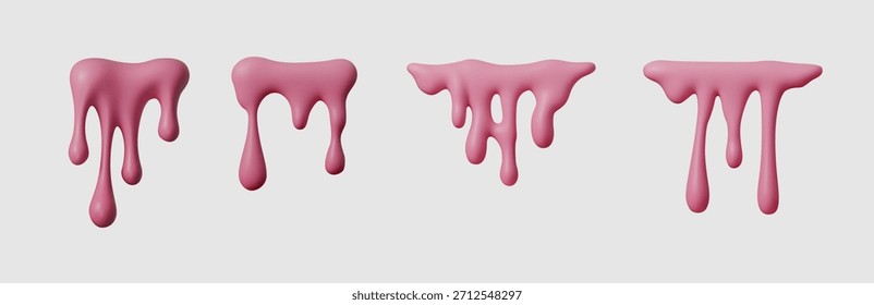 Conjunto de vetor de tinta gotejamento 3D rosa, gotejamento de creme de morango doce e respingo de gota líquida. Colírio de creme líquido rosa brilhante, elemento de lodo de iogurte abstrato para fundo de sobremesa e design de doces.
