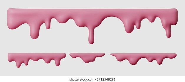 Rosa 3D tropfenden Farbe Grenzen, glänzende Erdbeercreme oder Marmelade Textur. Vektor-Flüssigkeitstropfen einzeln auf sauberem Hintergrund, fließende milchige Spritzer für süße, milchige oder kosmetische Gestaltungsrahmen.
