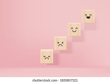 pink 3d emoji happy sad rendering cubes vector for rating customer service evaluation and survey concepts Client picked the smile face on 3d rendered wooden cube to happy. happy sad pink pastel studio