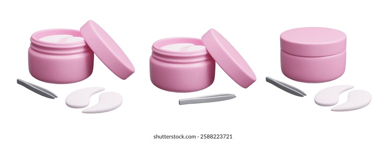 Pink 3D eye patches cosmetic bottles set vector illustration. Hydrating hydrogel eye patches packaging with tweezers applicators, Korean beauty skincare treatment, anti aging facial eye care masks 3D.