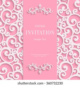 Pink 3d Floral Curl Background with Swirl Damask Pattern for Valentines or Wedding or Invitation Card. Vector Vintage Design Template