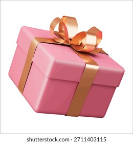 Una caja de regalo 3D rosa con una cinta de oro y un lazo atado, presentado sobre un fondo blanco. Formato de Vector escalable adecuado para medios impresos y digitales.