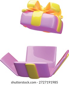Uma caixa de presente 3D rosa com uma tampa e um arco amarelo, estilo plástico brilhante. Embalagem para surpresas para aniversários, Dia dos Namorados, Natal e promoções. Ilustração de desenho animado vetorial.