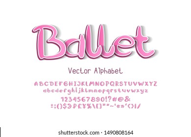Pink 3D hand drawn vector alphabet. Capital and small English letters, numbers, signs, marks and currency symbols. Baby pink gradient color font. Cute typeface for beautiful sports design