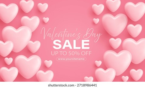 Globos rosados del corazón 3D que flotan en el fondo blanco. Decoración romántica del día de San Valentín con Formas brillantes del corazón. Diseño de celebración del amor con Elementos festivos lindos.