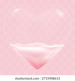Corazón 3D rosado con la nieve que cae y el brillo. Símbolo de cristal claro realista del corazón del amor aislado en el fondo transparente para las Navidades, boda del Vector, conceptos digitales románticos del diseño de San Valentín