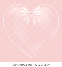 Forma de corazón 3D rosa, corazón de cristal transparente 3D y cinta de raso rosa sobre fondo. Vector Símbolo de corazón de amor para el día de San Valentín, Día de la Mujer, tarjeta de felicitación de Boda, Plantilla de marca femenina de lujo
