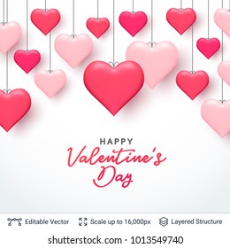 Pink 3D hearts and greeting text. Easy to edit vector background. Holiday card design.