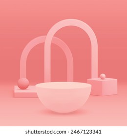 Pink 3d hemisphere podium pedestal with arch wall background realistic vector illustration. Elegant feminine pastel showcase geometric display with sphere cube for cosmetic product show presentation