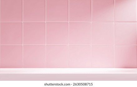 Scène de cuisine ou de salle de bains 3d rose avec table blanche et arrière-plan carrelé. Salle réaliste avec étagère pour l'affichage des produits