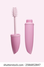 Pink 3D mascara beauty makeup product vector illustration. Cute female mascara tube with brush eyelash wand applicator isolated on pink background. Korean cosmetic skincare treatment.