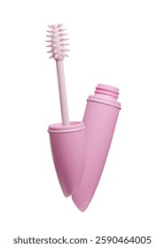 Pink 3D mascara beauty makeup vector illustration isolated on white background. Cute cartoon style female pink mascara tube with rubber brash eyelash applicator. Korean skincare cosmetics.