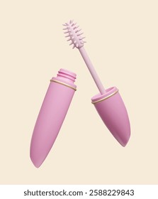 Pink 3D mascara tube with rubber brush mascara applicator vector illustration. Cute cartoon style female pink beauty makeup cosmetic product: eye lash mascara with applicator 3D vector render.