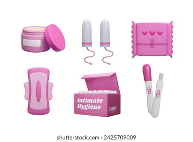 Pink 3D menstruation icon bundle. Cartoon style sanitary pad, menstrual tampon, pregnancy test kit and moisturizer cream 3D render isolated on white. Female intimate hygiene, menstruation healthcare.