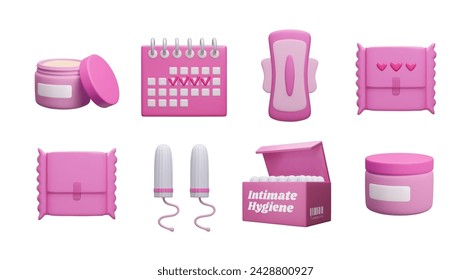 Pink 3D menstruation icon set isolated on white. Female intimate hygiene products: menstrual tampons, sanitary pad, fertility menstrual calendar, moisturizer facial cream jars. Cute cartoon style 3D.