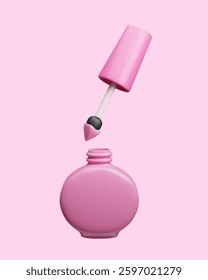 Pink 3d nail polish bottle with brush vector illustration. Cute female pink beauty makeup lacquer with brush applicator. Manicure pedicure cosmetic accessory 3D fashion beauty makeup.