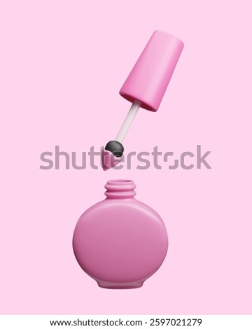 Pink 3d nail polish bottle with brush vector illustration. Cute female pink beauty makeup lacquer with brush applicator. Manicure pedicure cosmetic accessory 3D fashion beauty makeup.