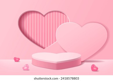 Pink 3D pedestal podium with a backdrop of geometric abstract heart shaped windows and a floor decorated with small heart objects, Valentine's Day background for display product, Vector illustration