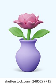 Pink 3D peony in vase. Delicate flower for elegant decor. Vertical illustration