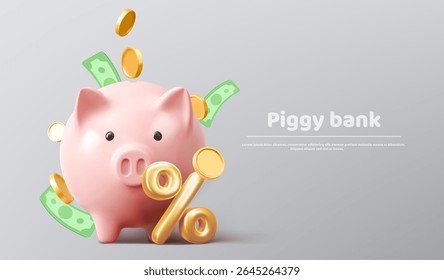 Pink 3d piggy bank with golden coins, green dollar bills and percent symbol. Money container for savings, finance or investment concept. Banking illustration with cash overflow for economic growth.