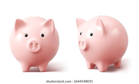 Pink 3d piggy banks from front and side angles - ceramic money savings containers with snout, ears, black eyes. Realistic financial concept for banking, investment or personal budget management.