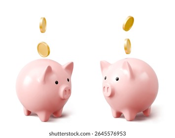 Pink 3d piggy bancos com moedas de dinheiro dourado caindo acima - recipientes de poupança de cerâmica com rostos bonitos, orelhas e pernas para o conceito financeiro. Acumulação de riqueza de investimento no armazenamento de dinheiro tradicional