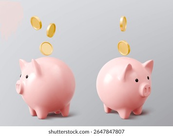 Pink 3d piggy bancos com moedas de dinheiro dourado caindo acima - recipientes de poupança de cerâmica com rostos bonitos, orelhas e pernas para o conceito financeiro. Acumulação de riqueza de investimento no armazenamento de dinheiro tradicional