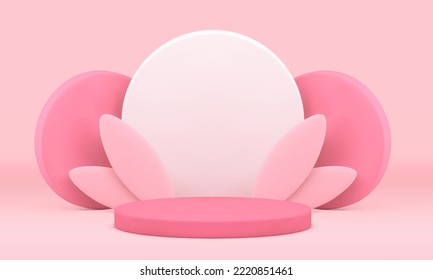 Pink 3d podium circle platform advertising space with spring decor element realistic vector illustration. Premium pedestal cylinder stage wall for product promo performance minimal studio background