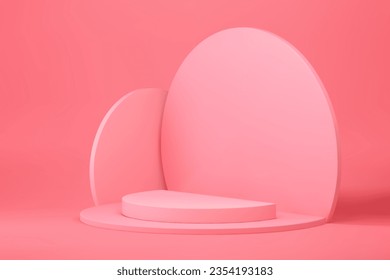 Pink 3d podium with circle wall background for feminine product presentation realistic vector