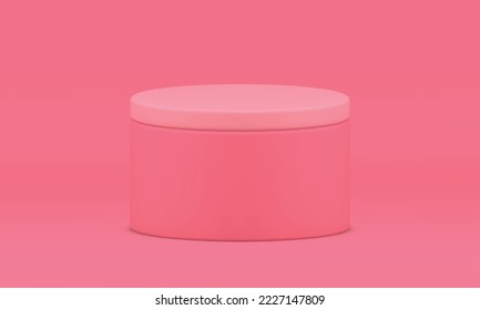 Pink 3d podium cylinder box with cap advertising tribune for event celebration platform realistic vector illustration. Pedestal round construction foundation empty geometric award arena presentation
