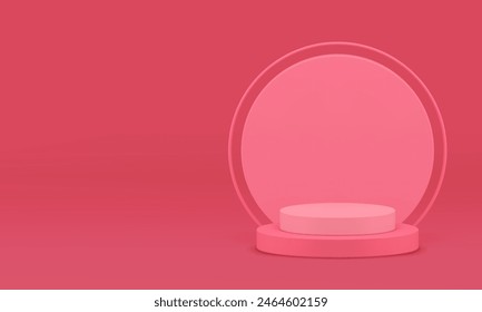 Pink 3d podium cylinder pedestal mock up for cosmetic product show realistic vector illustration. Elegant feminine stand with circle wall background showroom display for shopping sale presentation