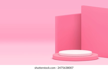 Pink 3d podium display stand mock up for beauty cosmetic product presentation realistic vector illustration. Elegant feminine cylinder pedestal with angular geometric wall background for show