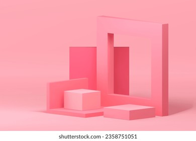 Pink 3d podium feminine geometric shape pedestal mock up for cosmetic product show vector illustration. Realistic showroom composition minimalist aesthetic squared display frame wall background