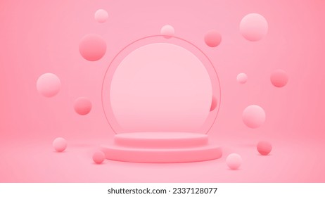 Pink 3d podium with flying spheres. Vector background with product platform. Realistic background 3d render with showcase. Minimalistic design.