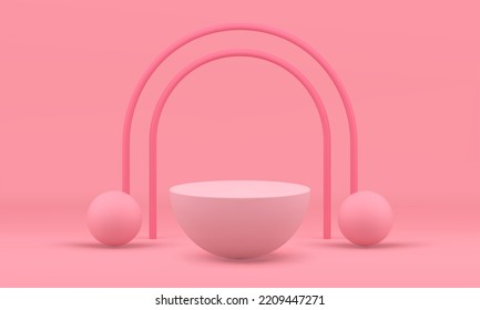 Pink 3d podium foundation geometric shape showcase with arch design realistic vector illustration. Fashion pedestal semicircle platform cosmetic beauty advertising display with decor element