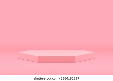 Pink 3d podium hexagonal pedestal for feminine cosmetic product presentation show vector illustration. Realistic elegant hexagon platform empty showcase promo display for beauty sale advertising