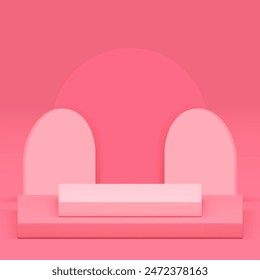 Pink 3d podium pedestal with curved wall background realistic vector illustration. Pastel trendy advertising showcase squared stand elegant feminine display for product show presentation