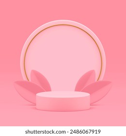 Soporte de cilindro de pedestal de podio 3d rosa con hojas de Ilustración vectorial realista. Elegante plataforma de escenario comercial de lujo femenino con fondo de pared redondo y elemento decorativo dorado