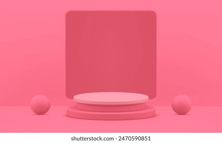 Pink 3d podium pedestal display mock up for cosmetic product show presentation realistic vector illustration. Elegant feminine geometric stand cylinder platform with squared hole wall background