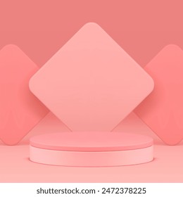 Pink 3d podium pedestal display mock up for cosmetic product show presentation realistic vector illustration. Elegant feminine showroom shopping sale stand with rhombus wall background