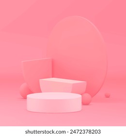 Pink 3d podium pedestal geometric showroom for product show realistic vector illustration. Elegant feminine advertising showcase commercial cylinder display circle wall background for presentation