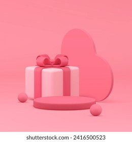 Pink 3d podium pedestal mock up for cosmetic product show presentation realistic vector illustration. Elegant feminine advertising display with heart wall and festive gift box shopping sale promo